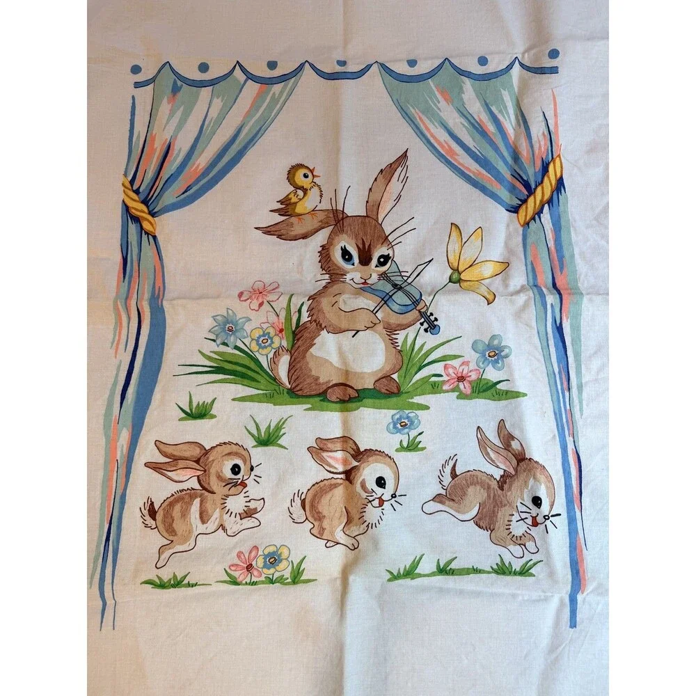 Vintage Style Bunny Rabbit Quilt Top Panel Playing Violin Linen Cotton Blanket